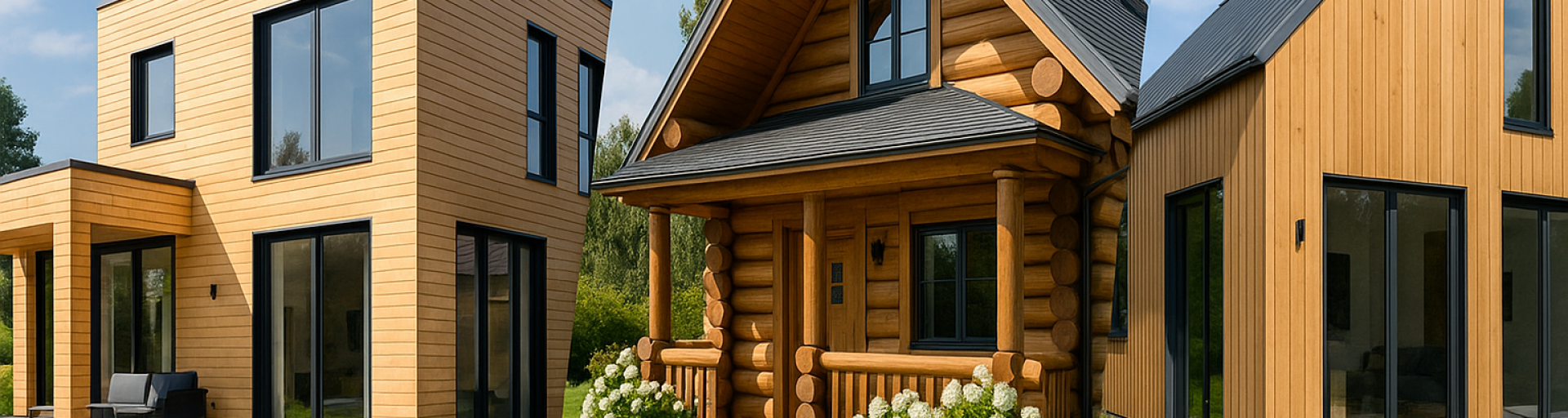Drei unterschiedliche moderne Holzhäuser nebeneinander: kubisches Holzhaus, Blockhaus mit Garten, modernes Holzhaus mit Pultdach