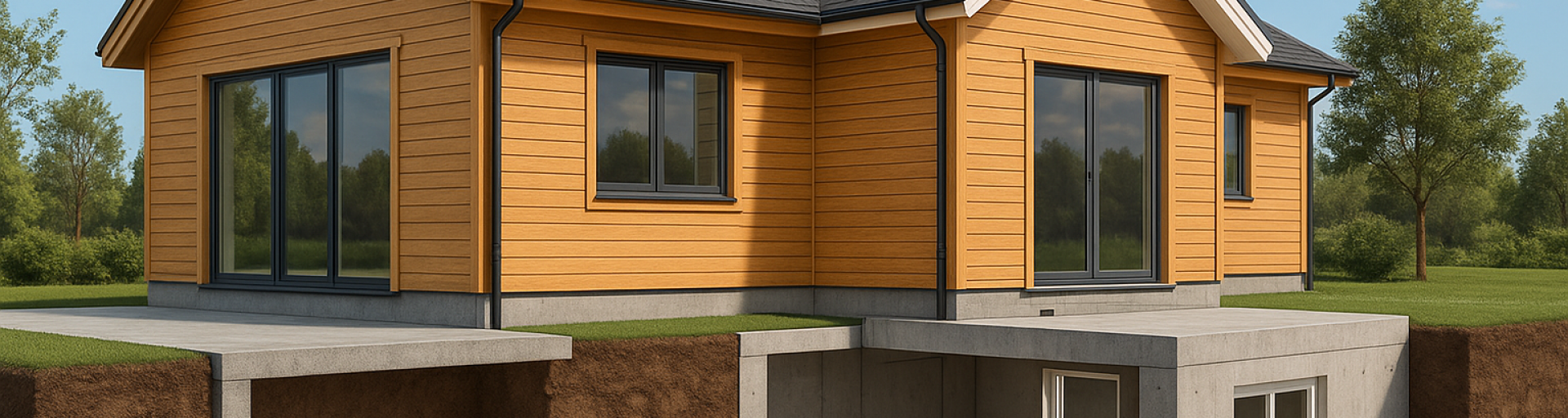 Modell eines modernen Holzhauses mit offenem Kellerquerschnitt zur Darstellung des Fundaments und der Souterrain-Nutzung