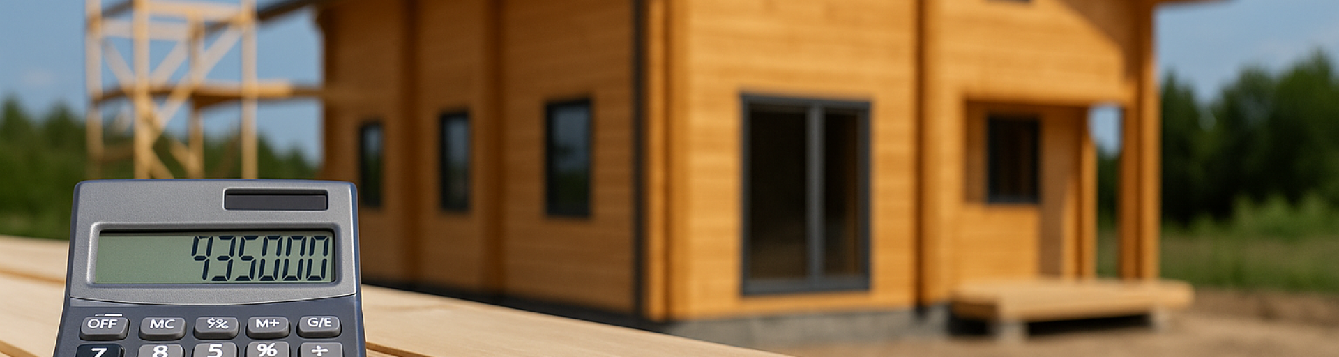 Ein Taschenrechner mit Preisangabe liegt auf Holzbalken vor einem unscharfen Holzhaus inmitten der Bauphase