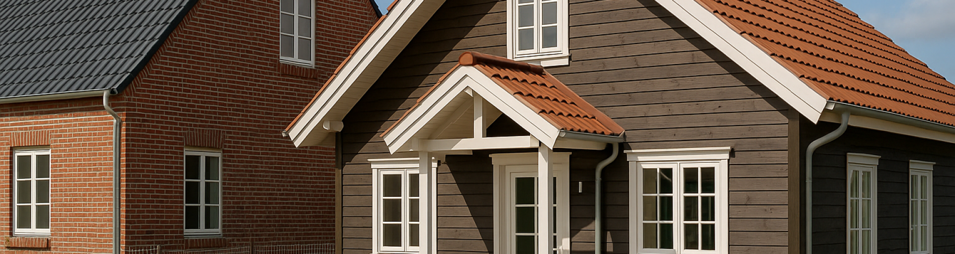 Vergleich zwischen Holzhaus und Massivhaus als Illustration - Links ein massives Haus mit rotem Stein und grauem Dach, rechts ein dunkelbraun verkleidetes Holzhaus mit weißen Sprossenfenstern