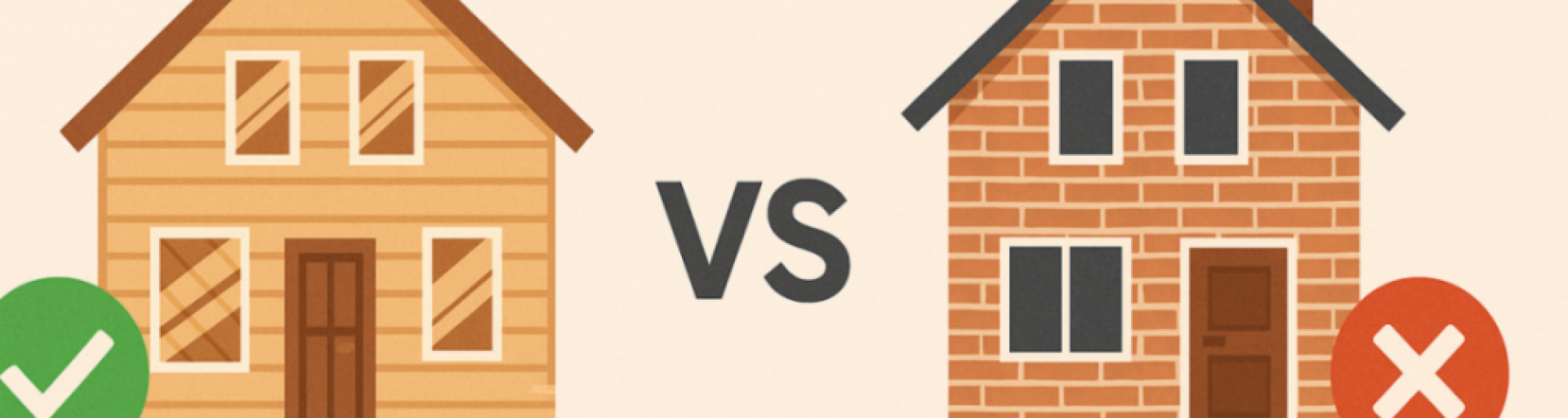 Holzhaus vs. Massivhaus – einfache Botschaft, klare Aussage Minimalistisch gezeichnetes Holzhaus mit grünem Haken links und Ziegelhaus mit rotem Kreuz rechts, mittig VS-Symbol