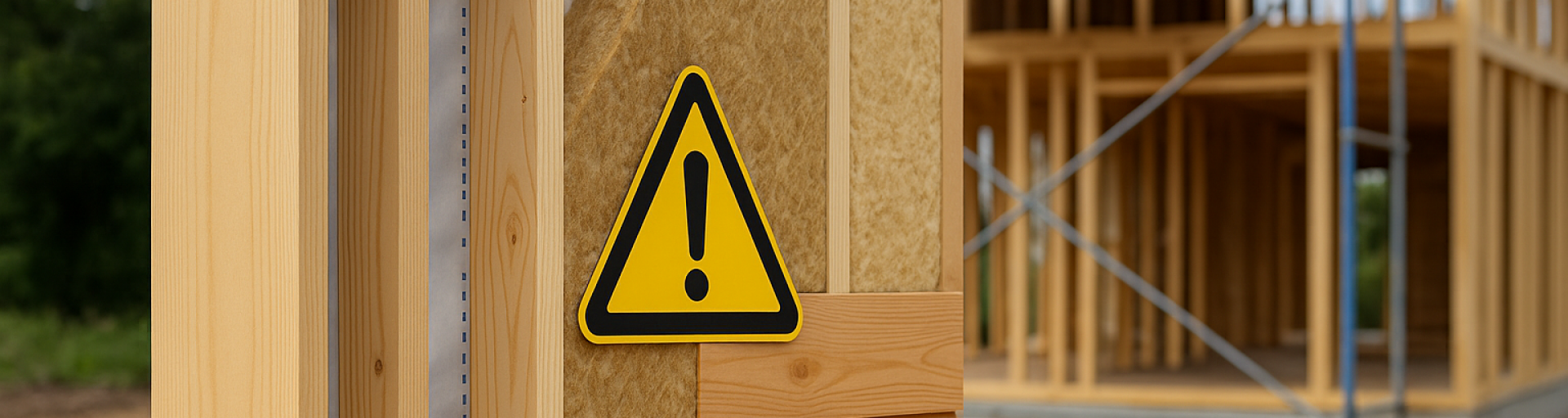 Wandaufbau im Holzhaus mit Warnhinweis Detailaufnahme eines aufgeschnittenen Holzhaus-Wandaufbaus mit sichtbarer Dämmung und Warnschild, im Hintergrund ein im Bau befindliches Holzhaus mit Gerüst.