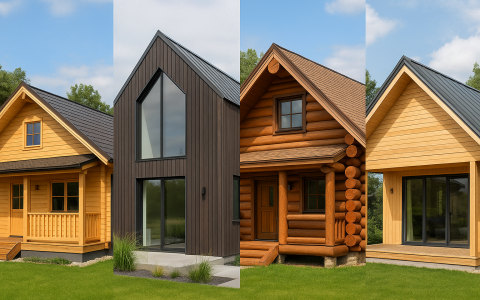 Vier verschiedene Holzhaustypen nebeneinander: skandinavisches Holzhaus, modernes Holzhaus mit Vertikallattung, klassisches Blockhaus und Holzrahmenhaus mit Veranda