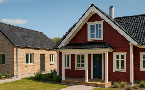Rotes Holzhaus mit weißen Fensterrahmen und Satteldach steht neben einem schlichten Massivhaus aus Klinker