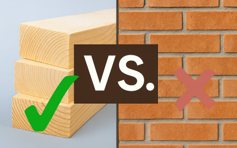 Vergleich zwischen Holzhaus und Massivhaus – links Holzbalken mit Haken, rechts Ziegelwand mit rotem Kreuz